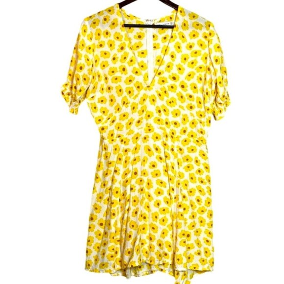 Faithfull The Brand LaBelle Womens Yellow Floral Mini Dress V-Neck Puff Sleeves - Picture 1 of 10